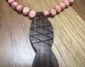 Pink Wood Beaded Necklace with brown accents for an Earthly Look - 19” long