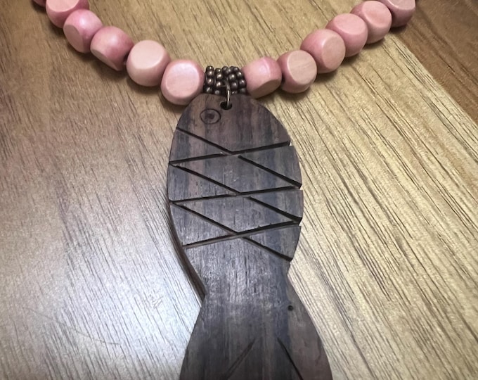Pink Wood Beaded Necklace with brown accents for an Earthly Look - 19” long