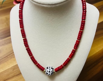Handmade Red Beaded Necklace | Cow Print Centerpiece, Fun Jewelry