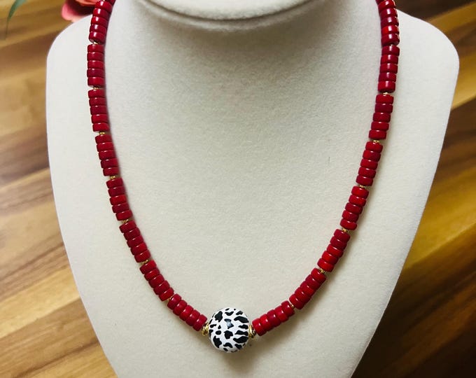 Handmade Red Beaded Necklace | Cow Print Centerpiece, Fun Jewelry