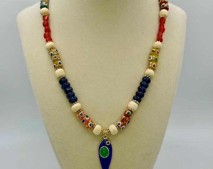Multi Gemstone Beaded necklace with wood beads accents - 18 inches long