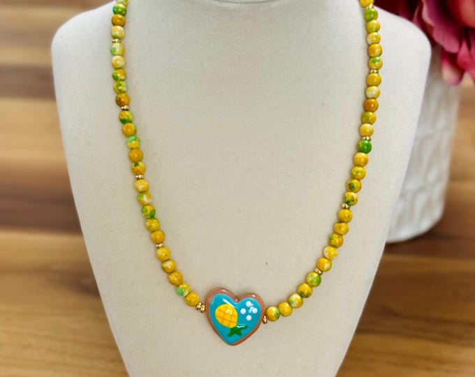Handmade Jasper Beaded Necklace with Lampwork Fruit Heart - 18 Inch