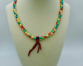 Multicolor rubber 6mm beads necklace with a coral charm - 17.0 inches long