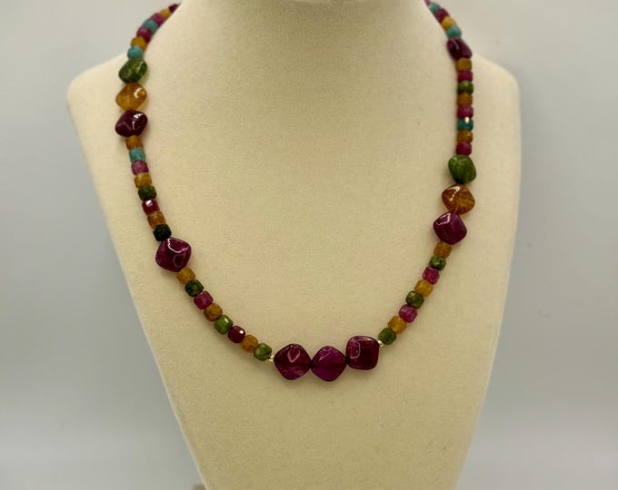 Agate & Tourmaline Stone Necklace: Multicolor Diamond Bead, 18 Inches long