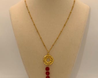 Christmas Chic Red Crystals Chain Necklace with matte gold charm - 17 inches long