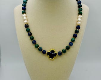 Handmade Lapis Lazuli Beaded Necklace with Freshwater Pearls & Charm