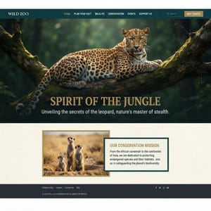 Peut inclure: Une interface de site web pour Wild Zoo montrant un léopard allongé sur une branche avec le texte Spirit of the Jungle et Unveiling the secrets of the leopard, nature's master of stealth, ainsi qu'une section Our Conservation Mission.