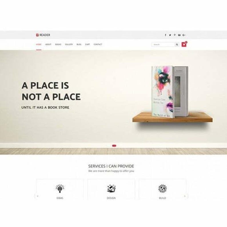 Puede incluir: Una interfaz de sitio web con el texto A PLACE IS NOT A PLACE UNTIL IT HAS A BOOK STORE. Un libro con una ilustraci&oacute;n de un ojo abstracto colorido descansa sobre un estante de madera. Debajo, el texto SERVICES I CAN PROVIDE con tres iconos.