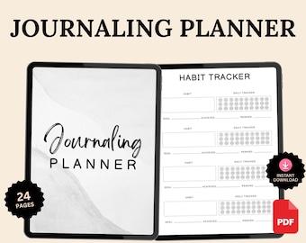 May include: A digital journaling planner with the text "JOURNALING PLANNER" at the top. The planner is open, displaying a habit tracker and the cover with the text "Journaling PLANNER". Includes a "24 PAGES" sticker and a "PDF" download icon.