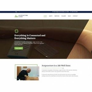 May include: A website interface for an acupuncture clinic featuring a dark background with a human arm receiving acupuncture treatment. The text reads Everything is Connected and Everything Matters, Acupuncture is a Jab Well Done, and Learn More.