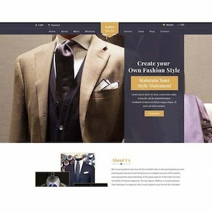 Può includere: Un'interfaccia web per Tailor Style con un blazer color marrone chiaro, gilet blu scuro, camicia a righe e una cravatta viola scuro con pochette. Il testo recita Create your Own Fashion Style, Maintain Your Style Statement e About Us.