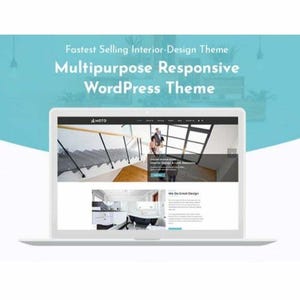 Może przedstawiać: Ekran laptopa wyświetlający stronę internetową z motywem WordPress do projektowania wnętrz. Tekst brzmi Fastest Selling Interior-Design Theme Multipurpose Responsive WordPress Theme. Strona zawiera zdjęcia schodów oraz wnętrza łazienki.