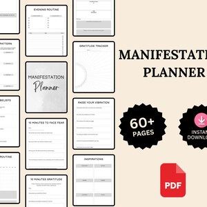 Könnte beinhalten: Ein digitaler Manifestationsplaner mit über 60 Seiten, sofort als PDF-Download verfügbar. Der Planer enthält Abschnitte für Morgen- und Abendroutinen, Dankbarkeitstracking und mehr. Das Cover zeigt den Titel "Manifestation Planner".