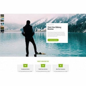 May include: A website interface featuring a person standing by a turquoise lake with snow-capped mountains in the background. The text reads Visit the Hiking Routes, Continue Reading, Why Choose Us, Handpicked Hotels, World Class Services, and Best Price Guarantee.