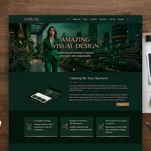 May include: A dark green website landing page featuring the text VISUAL, AMAZING VISUAL DESIGN, and Harnessing technology to balance with responsibility. It includes a tablet graphic, navigation menu, and sections for Ecological Design.