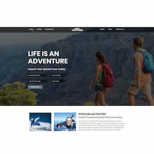 May include: A website interface for a travel company named Venture, featuring a hero image of two hikers in a mountainous landscape, search filters for tours, and a section for popular activities including skiing and skydiving imagery.