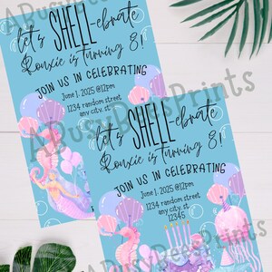 Invitación de cumpleaños de sirena / Invitación a fiesta submarina / Plantilla digital editable para cualquier edad / Celebración de concha rosa y azul