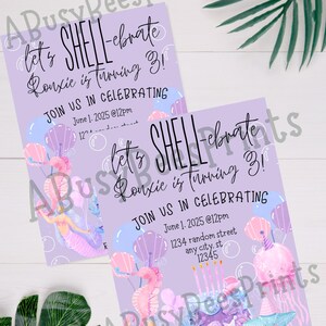 Invitación de cumpleaños de sirena / Invitación a fiesta submarina / Plantilla digital editable para cualquier edad / Celebración de concha rosa y azul
