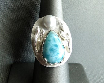 Larimar,peral and silver ring, size 8
