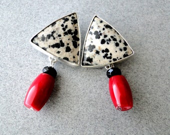 Dalmatian Jasper with red coral silver earrings