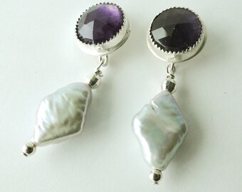 Amethyst, pearl and silver earrings