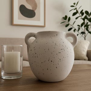 May include: A speckled, off-white ceramic vase with two loop handles. A clear glass candle holder with a white candle sits to the left of the vase. The vase and candle holder are on a wooden table.