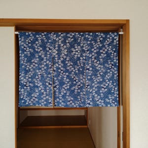 Wide Noren Curtain Maple Leaf Pattern | 3 Panel Japanese Curtain | Blue Vintage Fabric | Handmade in Japan