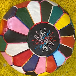 Moroccan Leather Pouf Ottoman Handmade — Colorful Patchwork Pouf — Genuine Leather Footstool — Boho Floor Cushion — Moroccan Ottoman Seat