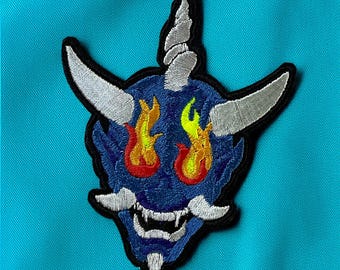 Oni Embroidered Iron-On Patch - Japanese Demon Mask Applique for Jackets, Backpacks & Hats, Unique Anime Tattoo Style Accessory