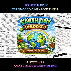 May include: A colorful Earth Day educational activity sheet with the title "Earth Day Unlocked" and a smiling Earth graphic. Includes text: "A Study Unit for Kids!" and "5th Grade Reading + Logic Puzzle."