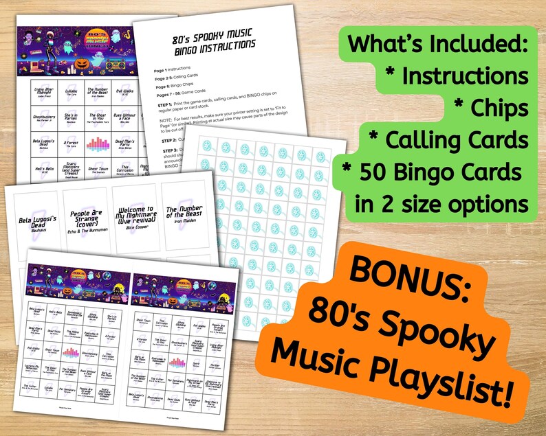 Op de afbeelding: Een verzameling gedrukte bingo-spelcomponenten, waaronder instructies, belkaarten, fiches en 50 bingokaarten in twee formaten. Het thema is 80's Spooky Music, met een bonus afspeellijst. Het ontwerp bevat Halloween-thema graphics en tekst.