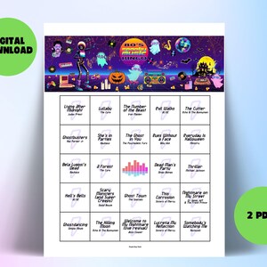 Op de afbeelding: Een digitale download van een muziekbingospel met een thema uit de jaren 80. De bingokaart heeft een kleurrijk ontwerp met Halloween-afbeeldingen en songtitels als "Ghostbusters" en "Thriller". Bevat de tekst "DIGITALE DOWNLOAD" en "2 PDF's".