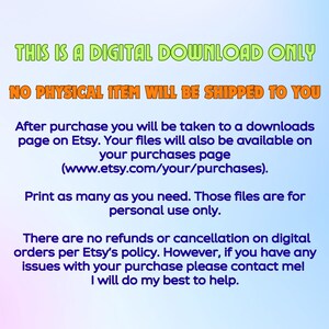 Op de afbeelding: Tekst op een blauwe gradi&euml;ntachtergrond: "THIS IS A DIGITAL DOWNLOAD ONLY" en "NO PHYSICAL ITEM WILL BE SHIPPED TO YOU". Verdere tekst beschrijft het downloadproces, persoonlijk gebruik en het restitutiebeleid van Etsy.