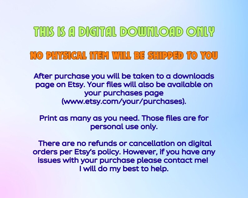 Op de afbeelding: Tekst op een blauwe gradi&euml;ntachtergrond: "THIS IS A DIGITAL DOWNLOAD ONLY" en "NO PHYSICAL ITEM WILL BE SHIPPED TO YOU". Verdere tekst beschrijft het downloadproces, persoonlijk gebruik en het restitutiebeleid van Etsy.