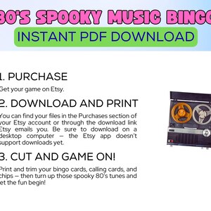 Op de afbeelding: Een digitale downloadafbeelding voor een 80's Spooky Music Bingo-spel. De afbeelding bevat instructies en een vintage reel-to-reel bandrecorder. Tekst bevat "80's Spooky Music Bingo" en "Instant PDF Download".