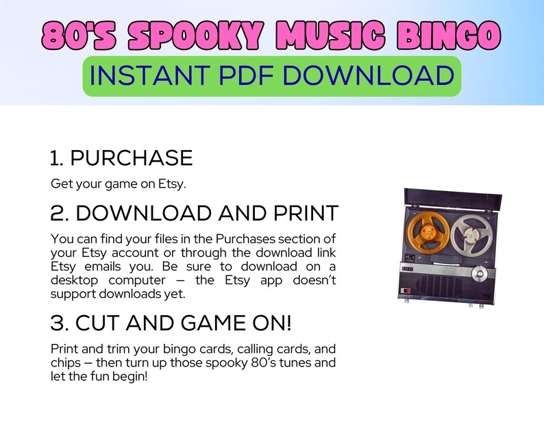 Op de afbeelding: Een digitale downloadafbeelding voor een 80's Spooky Music Bingo-spel. De afbeelding bevat instructies en een vintage reel-to-reel bandrecorder. Tekst bevat "80's Spooky Music Bingo" en "Instant PDF Download".
