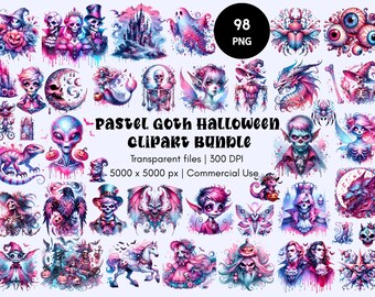 Pastel Goth Halloween-clipartbundel, 98 aquarelsublimatie, spookachtige illustraties, griezelig leuke bundel, pastelkleurween PNG-set, commercieel gebruik