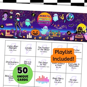 Jaren 80 muziek bingokaarten, kantoorfeest ijsbreker, 40e verjaardag gunsten, Haunted bingo Halloween game-avond, retro nachtfeest, nostalgische liedjes afbeelding 1