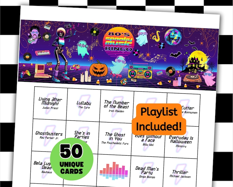 Jaren 80 muziek bingokaarten, kantoorfeest ijsbreker, 40e verjaardag gunsten, Haunted bingo Halloween game-avond, retro nachtfeest, nostalgische liedjes afbeelding 1
