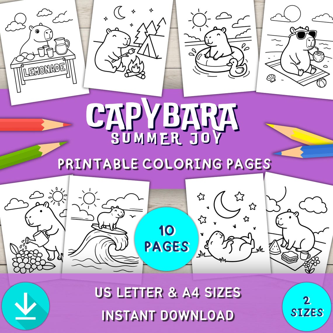 Cozy Capybara Summer Coloring Pages, Summertime Fun Kid Printable, Easy ...