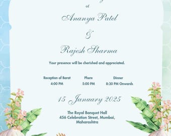 Invitación de boda en acuarela azul pastel