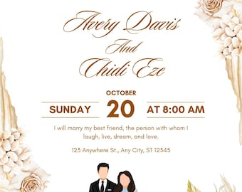 Invitación de boda floral dorada y beige