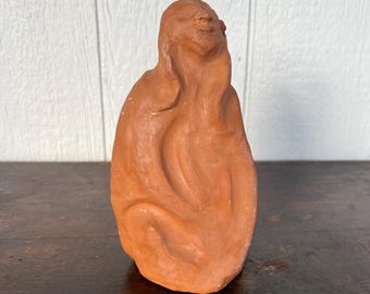 Vintage Original Terracotta Clay Figure Sculpture,  Abstract Seated Person Art, Handcrafted Earthenware Statue, Organic Minimalist Figure