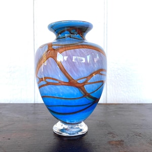 Hand Blown Art Glass Vase | Blue and Coper Swirl Glass Art Vase