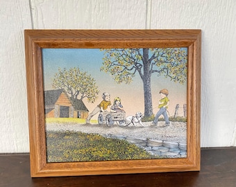 impression H. Hargrove vintage « Le chien ne tire pas le chariot », impression d'art encadrée pour enfants Americana, art mural rustique scène de ferme 10,5 x 12,5 po.