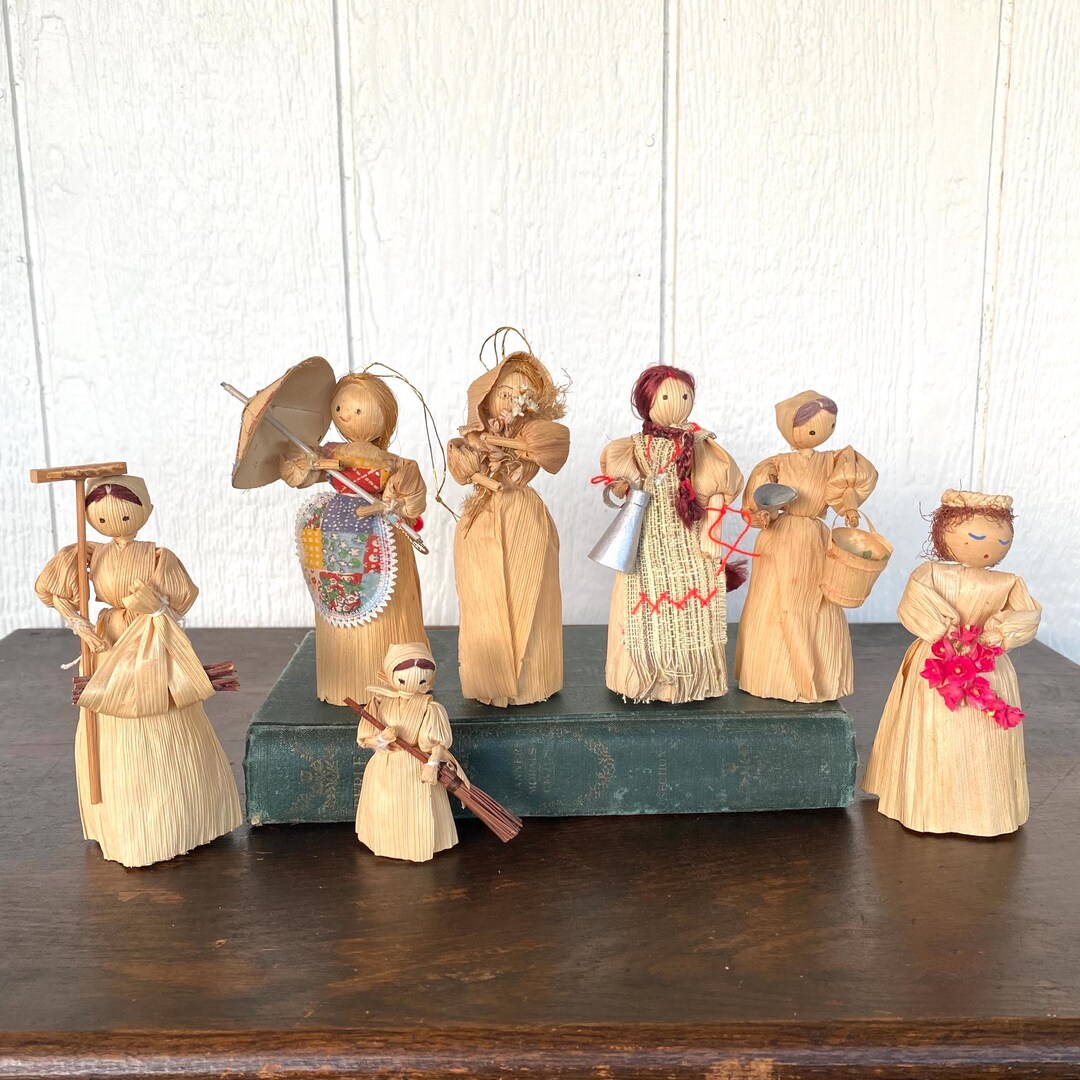 Rustic Dolls Vintage Corn Husk Doll Set of 7• Handmade Folk Art Figures • Rustic ...