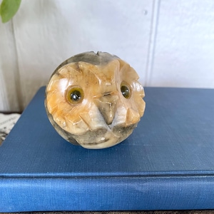 Genuine Alabaster Vintage Owl Head Paperweight, Hand Carved, Made In Italy