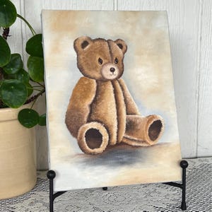 Vintage Acrylic Painted Teddy Bear on Canvas, Original Art Nursery Wall Decor