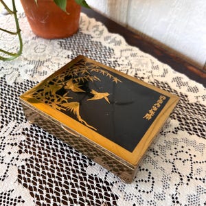 Japanese Brass Hinged Jewelry Box | Vintage Trinket Gold Box with Bird
