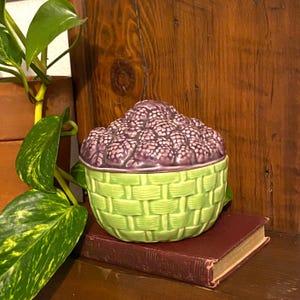 May include: A ceramic jar with a basket weave design in light green. The lid is a deep purple, textured to resemble berries. The jar sits on a maroon book, with a wooden background and green plant.